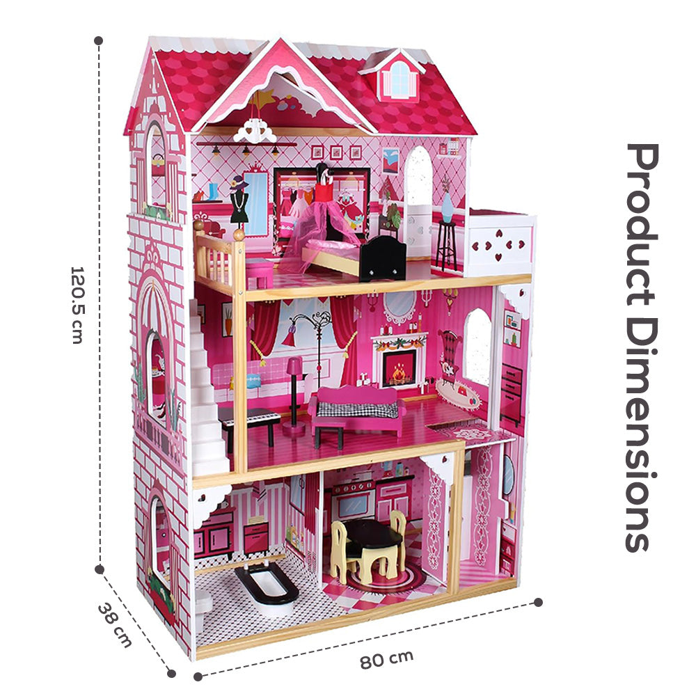 LITTLE STORY Wooden Dollhouse Triple Floor Extra large w/ Escalator, Furniture and Accessories - Pink