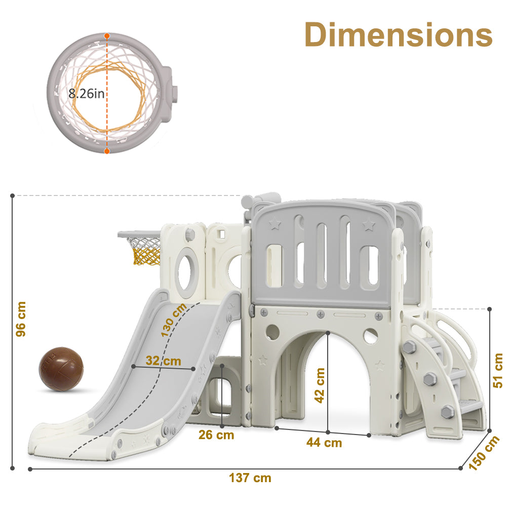 LITTLE STORY Play house w/Activity Slide with Basketball Ring, Ball, Toy Storage - Grey