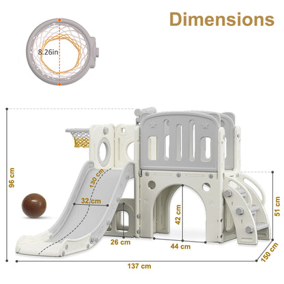 LITTLE STORY Play house w/Activity Slide with Basketball Ring, Ball, Toy Storage - Grey