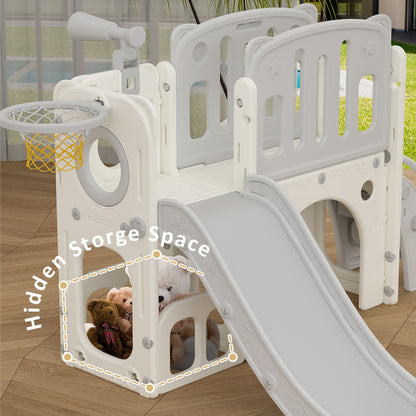 LITTLE STORY Play house w/Activity Slide with Basketball Ring, Ball, Toy Storage - Grey