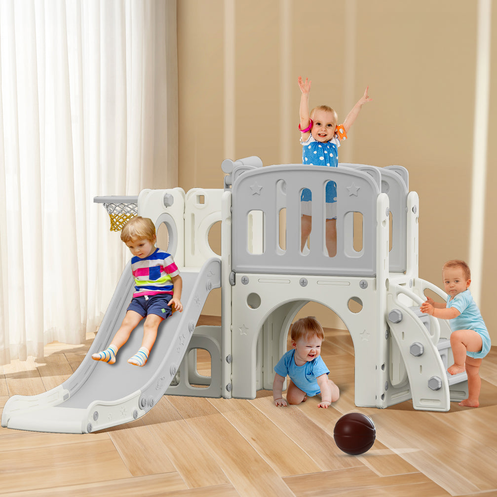 LITTLE STORY Play house w/Activity Slide with Basketball Ring, Ball, Toy Storage - Grey