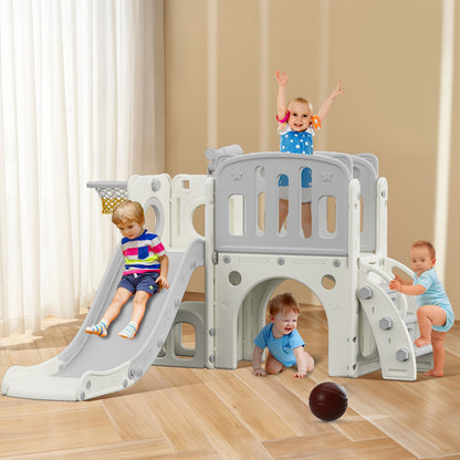 LITTLE STORY Play house w/Activity Slide with Basketball Ring, Ball, Toy Storage - Grey