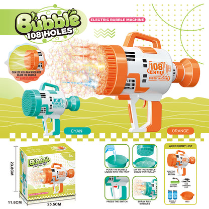 LITTLE STORY - 108 Holes Bubble Machine Gun wt Light/Bubble Maker for Kids Indoor & Outdoor - Orange