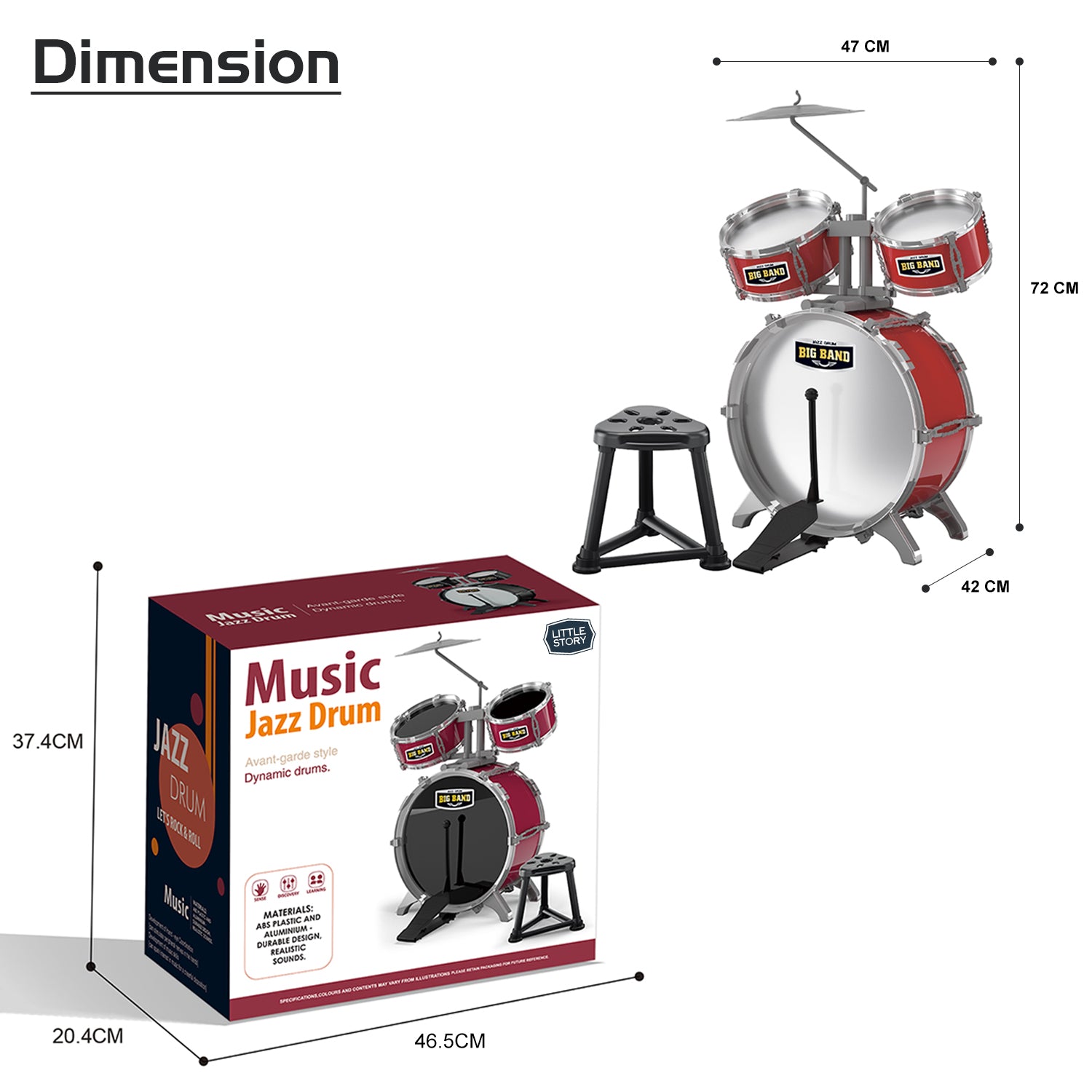 LITTLE STORY - Kids Drum Set Musical Instrument wt Stool - Red