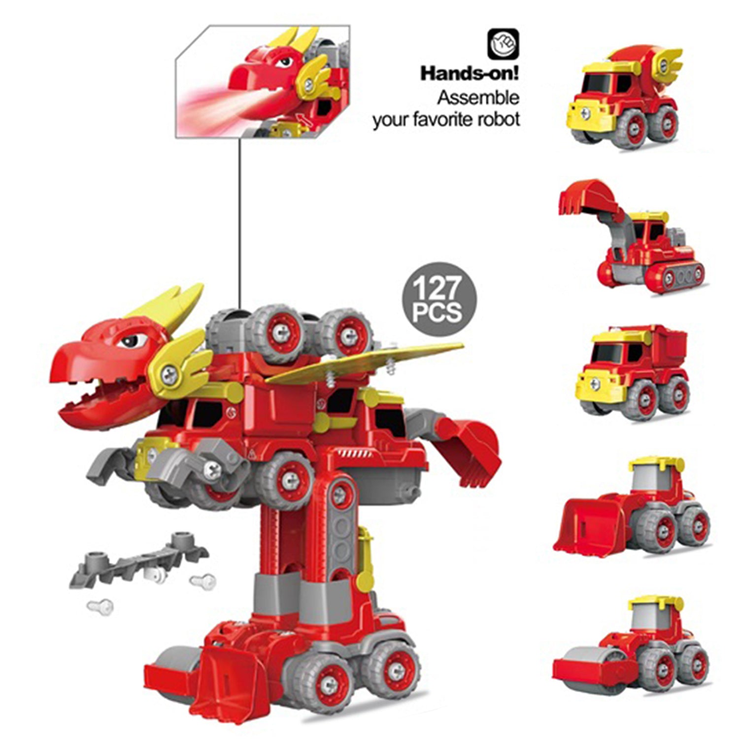 LITTLE STORY - Kids Toy 5in1 Dinosaur Robot Transformation Vehicle with Remote - Red