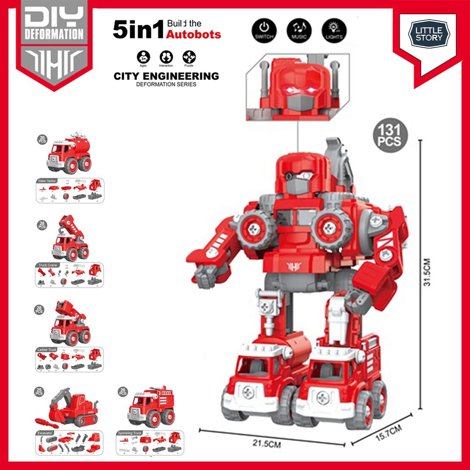 LITTLE STORY - Kids Toy 5in1 Robot Transformation Fire Fighter Truck with Remote - Red