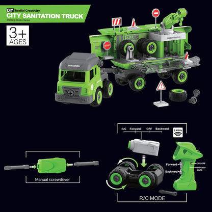 LITTLE STORY - Kids Toy Sanitation Truck wt 2 Mini Truck and Remote Control - Green