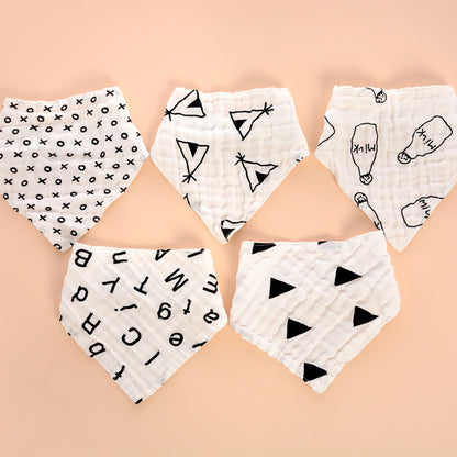 LITTLE STORY - Muslin Bandana Bibs - Set of 5 - Black & White