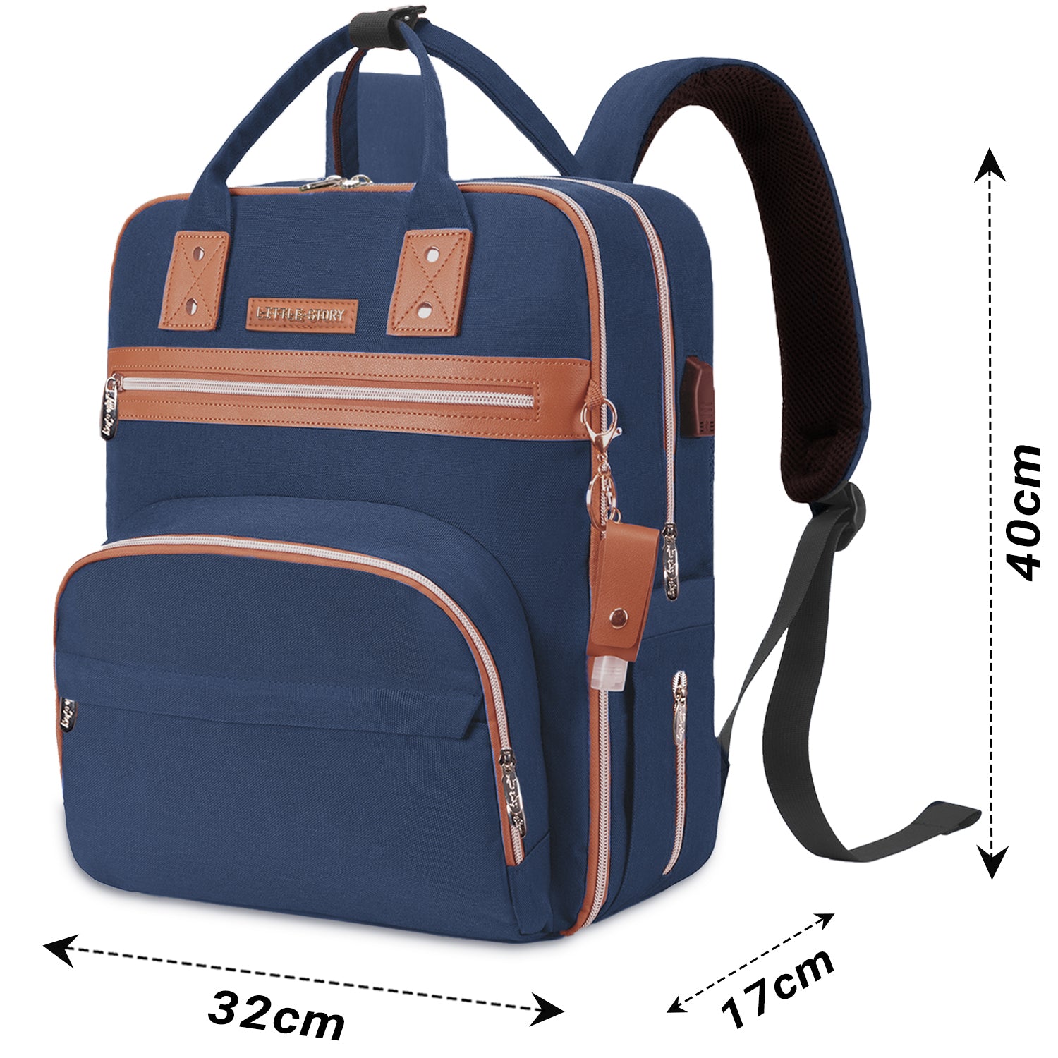 LITTLE STORY 2in1 Diaper Bag w/Sanitizer Bottle keychain & Stroller Hooks - Blue