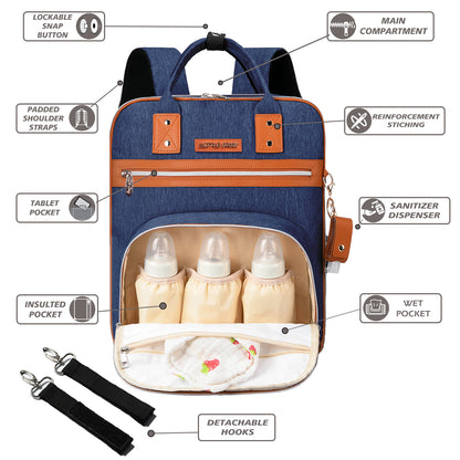 LITTLE STORY 2in1 Diaper Bag w/Sanitizer Bottle keychain & Stroller Hooks - Blue