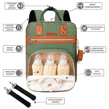 LITTLE STORY 2in1 Diaper Bag w/Sanitizer Bottle keychain & Stroller Hooks - Green