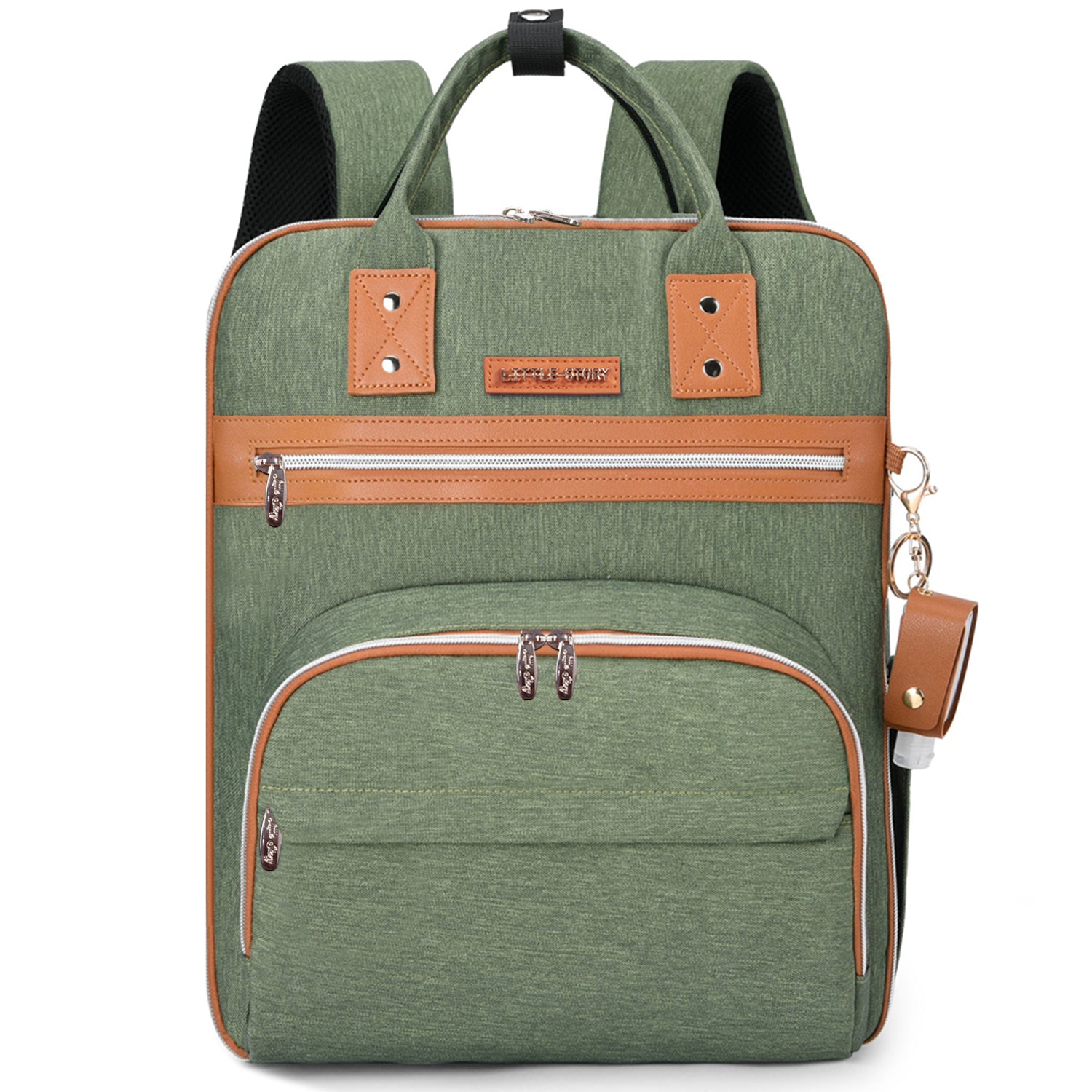 LITTLE STORY 2in1 Diaper Bag w/Sanitizer Bottle keychain & Stroller Hooks - Green