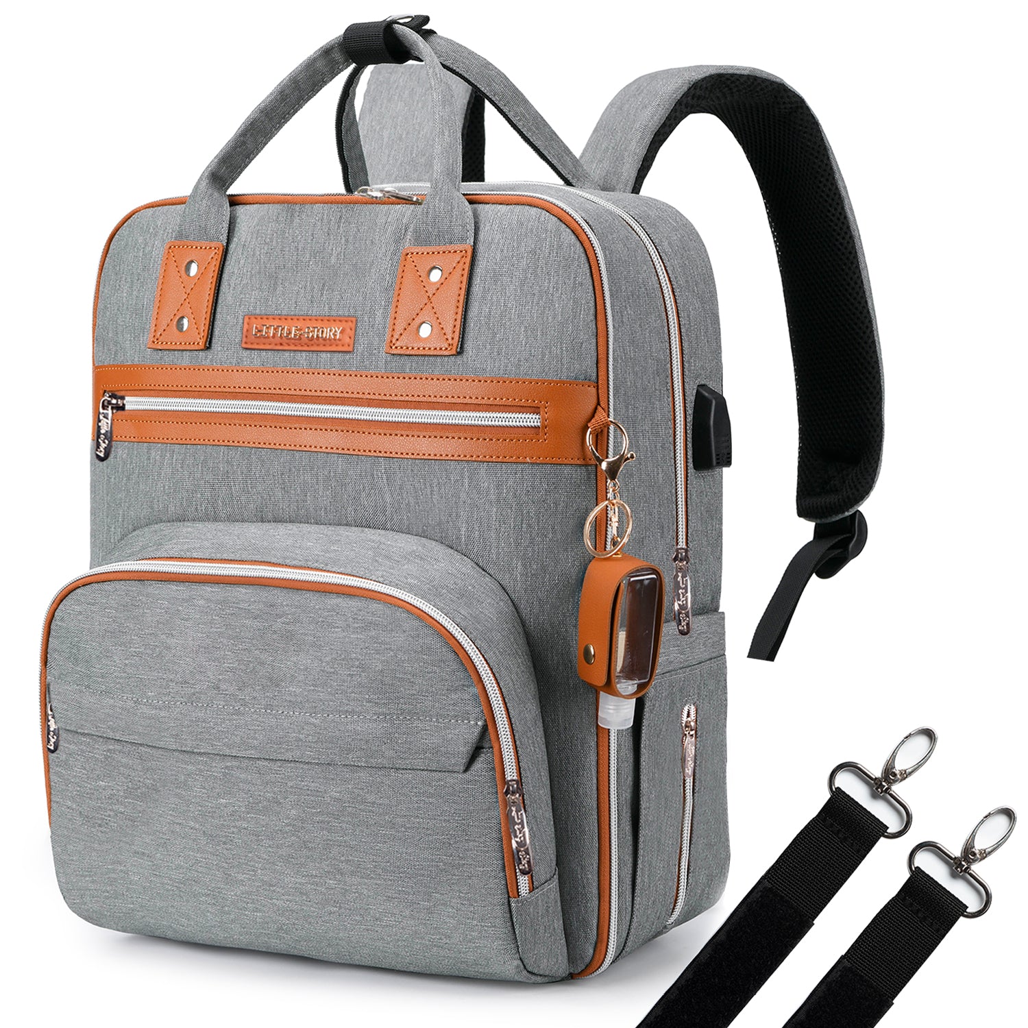 LITTLE STORY 2in1 Diaper Bag w/Sanitizer Bottle keychain & Stroller Hooks - Grey