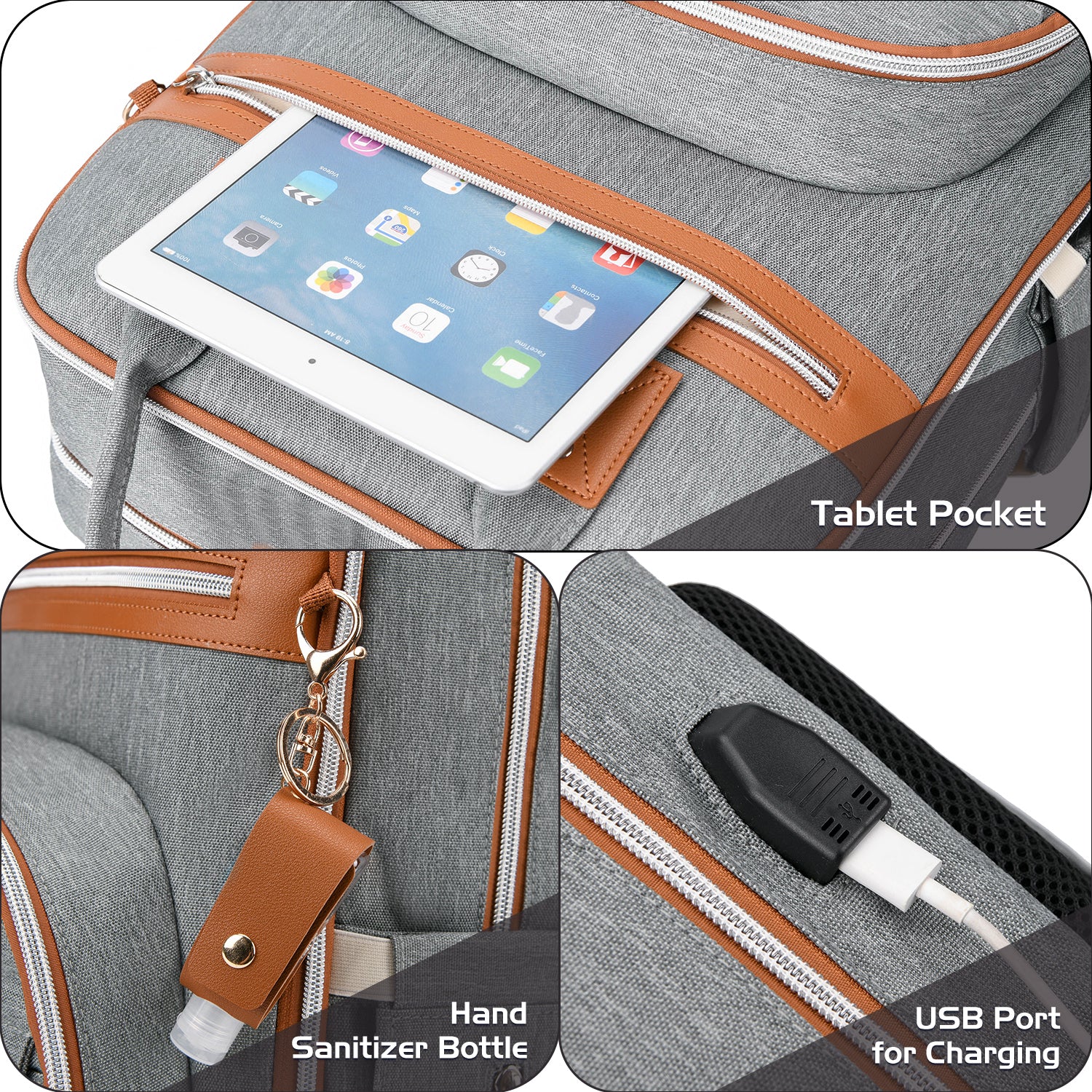 LITTLE STORY 2in1 Diaper Bag w/Sanitizer Bottle keychain & Stroller Hooks - Grey