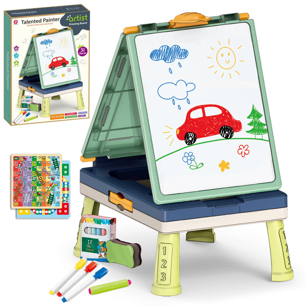 LITTLE STORY Artist Double Sided Handbag Drawing Board (31 Pcs) W/Board Game - Green
