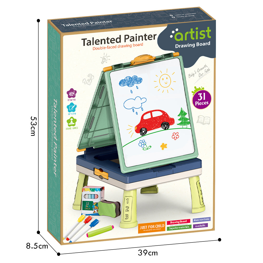 LITTLE STORY Artist Double Sided Handbag Drawing Board (31 Pcs) W/Board Game - Green