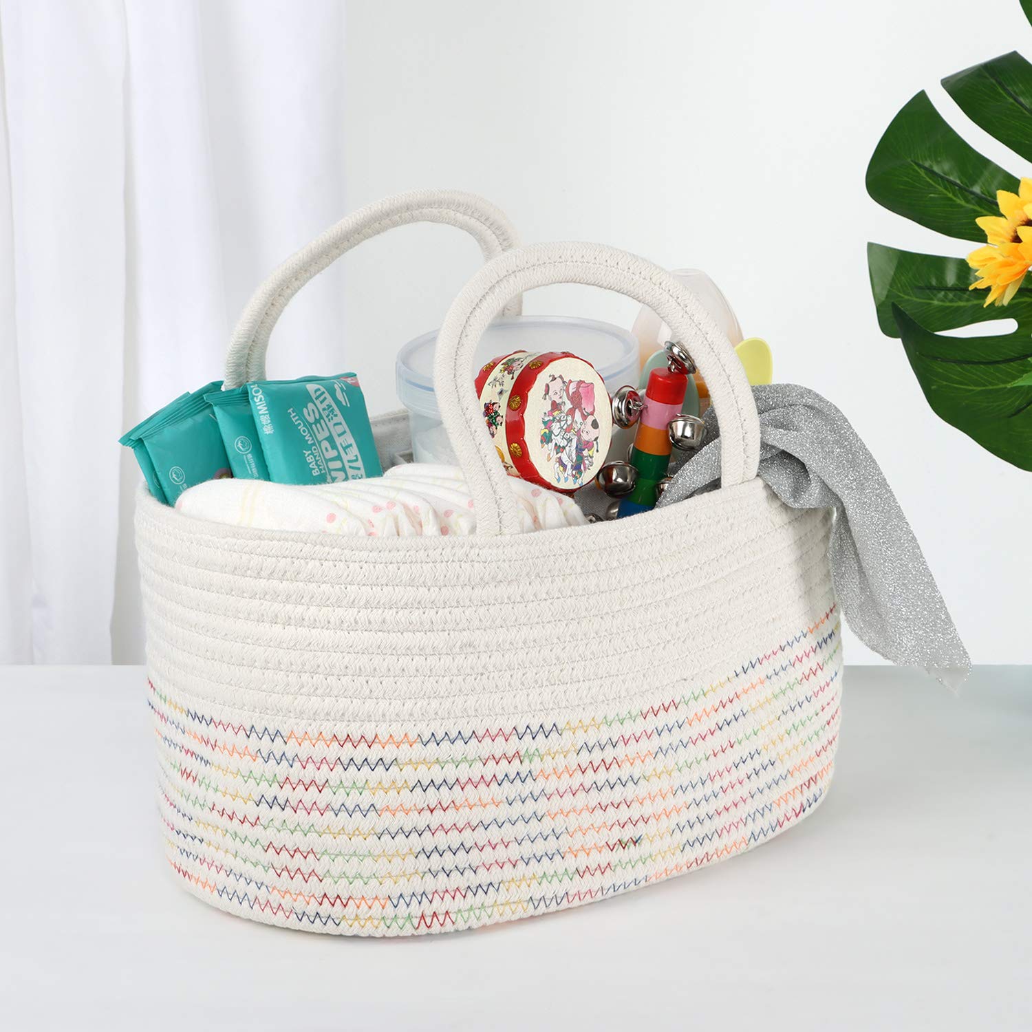 LITTLE STORY Cotton Rope Diaper Caddy - White Rainbow