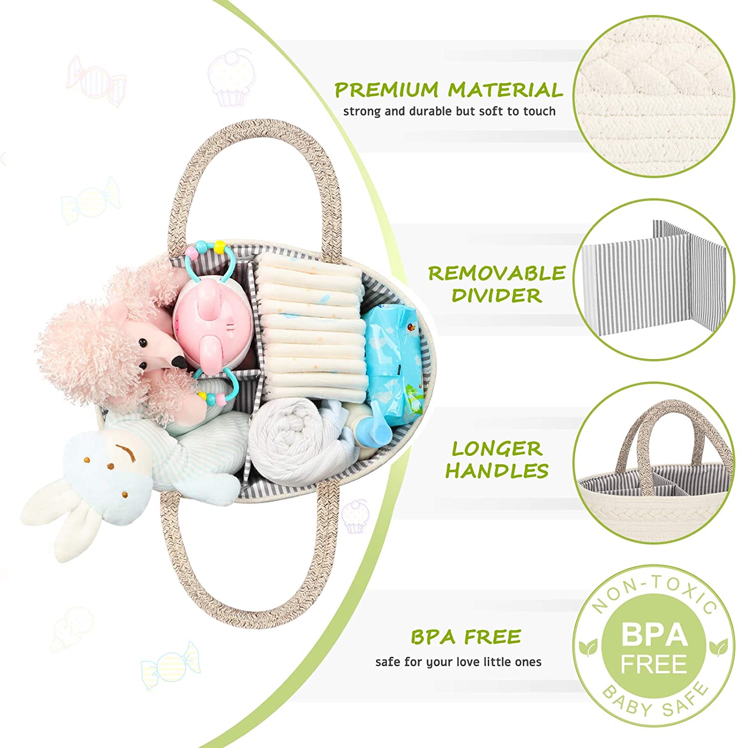LITTLE STORY Cotton Rope Diaper Caddy - White Rainbow