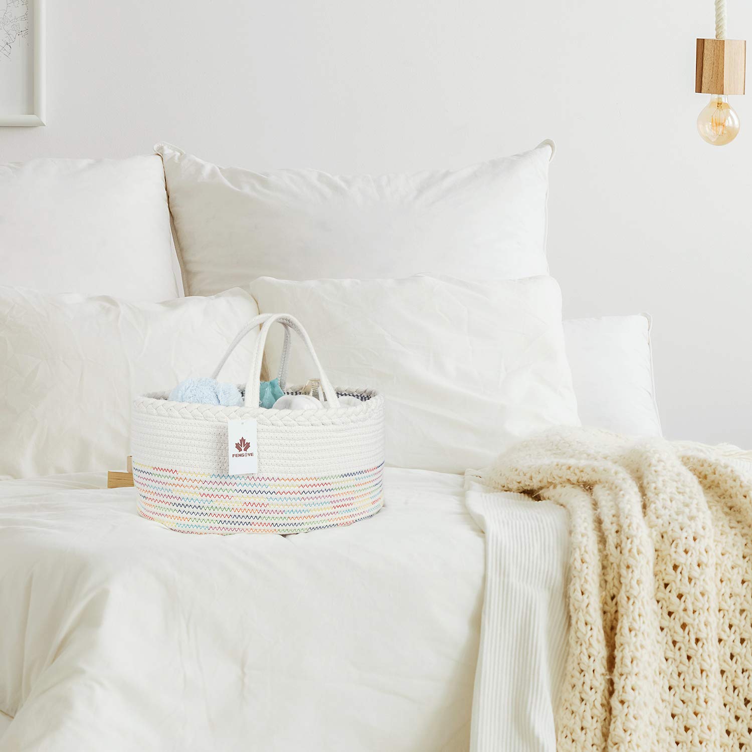 LITTLE STORY Cotton Rope Diaper Caddy - White Rainbow
