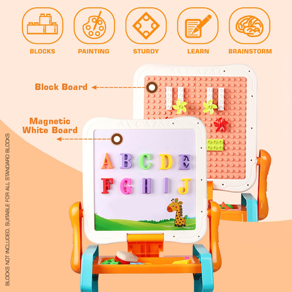 LITTLE STORY Double Sided 2 - IN - 1 Blocks Table & Magnetic Learning Board Set with Chair - Multicolor