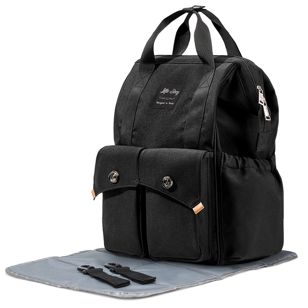 LITTLE STORY Elite Diaper Bag w/Stroller Hooks & Changing mat - Black