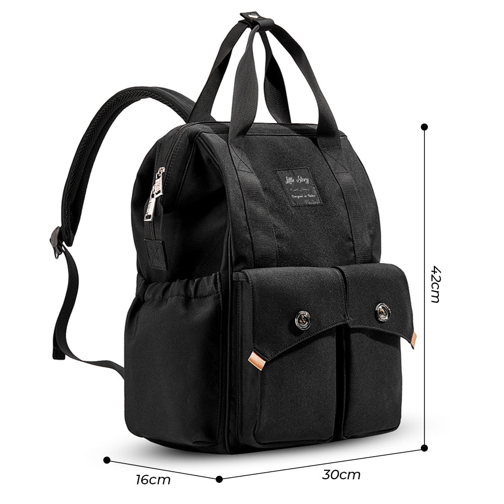 LITTLE STORY Elite Diaper Bag w/Stroller Hooks & Changing mat - Black