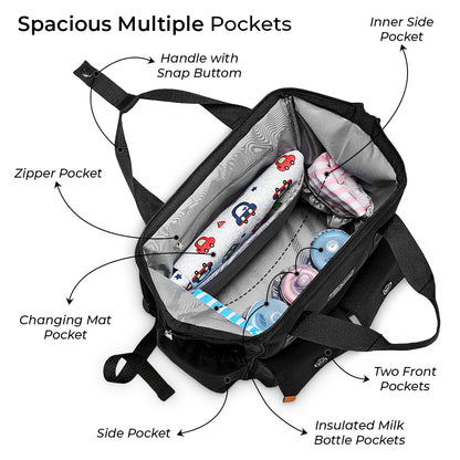 LITTLE STORY Elite Diaper Bag w/Stroller Hooks & Changing mat - Black