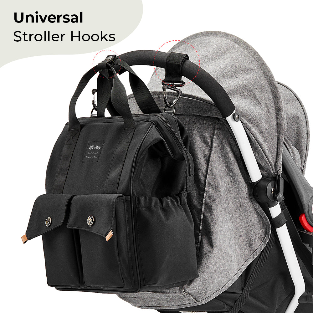 LITTLE STORY Elite Diaper Bag w/Stroller Hooks & Changing mat - Black