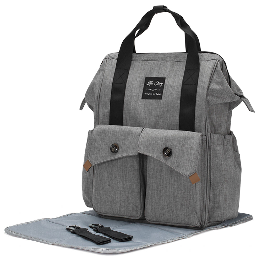 LITTLE STORY Elite Diaper Bag w/Stroller Hooks & Changing mat - Grey