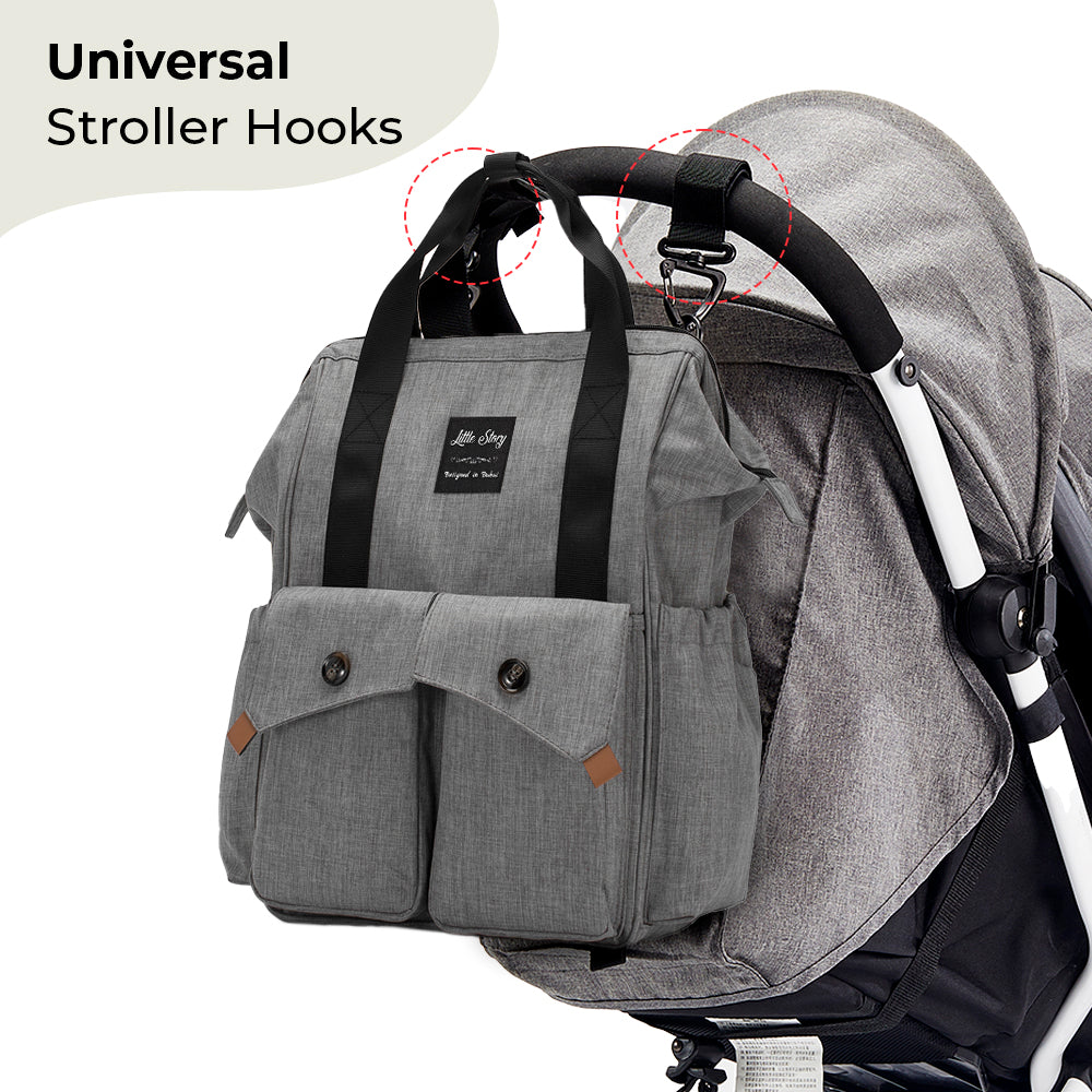 LITTLE STORY Elite Diaper Bag w/Stroller Hooks & Changing mat - Grey