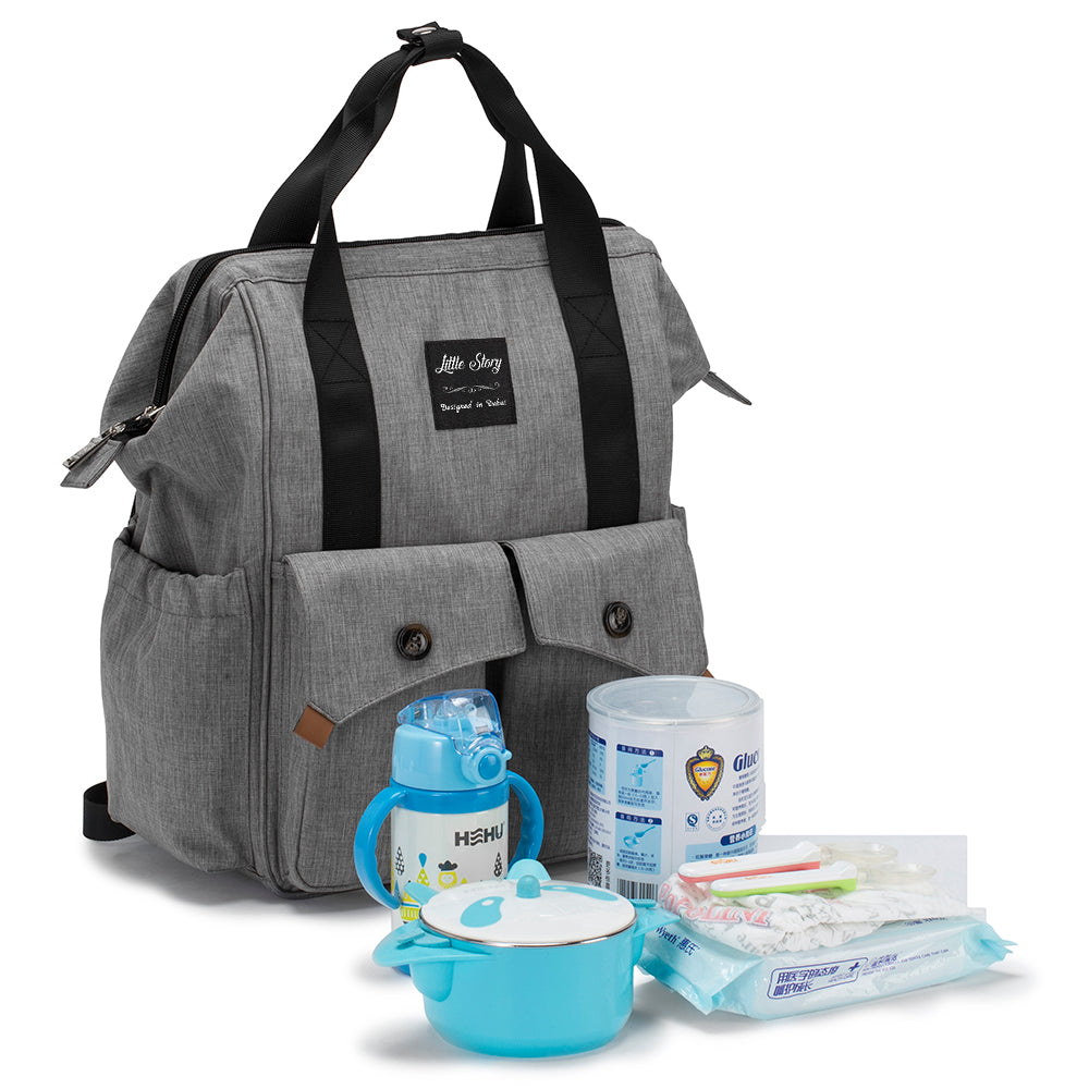 LITTLE STORY Elite Diaper Bag w/Stroller Hooks & Changing mat - Grey