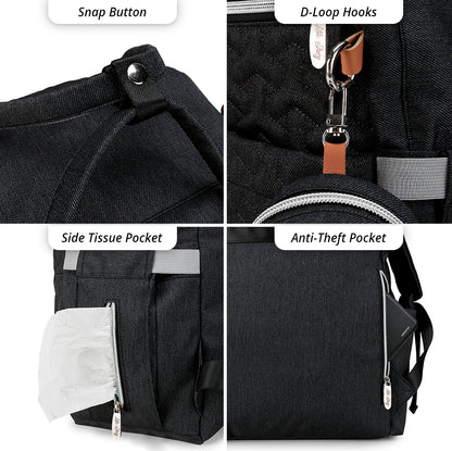 LITTLE STORY Quilted Diaper Backpack w/Pacifier bag and Stroller hooks - Black
