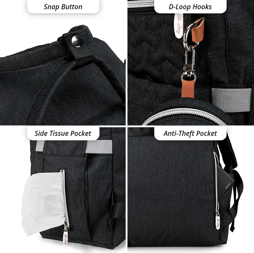 LITTLE STORY Quilted Diaper Backpack w/Pacifier bag and Stroller hooks - Black