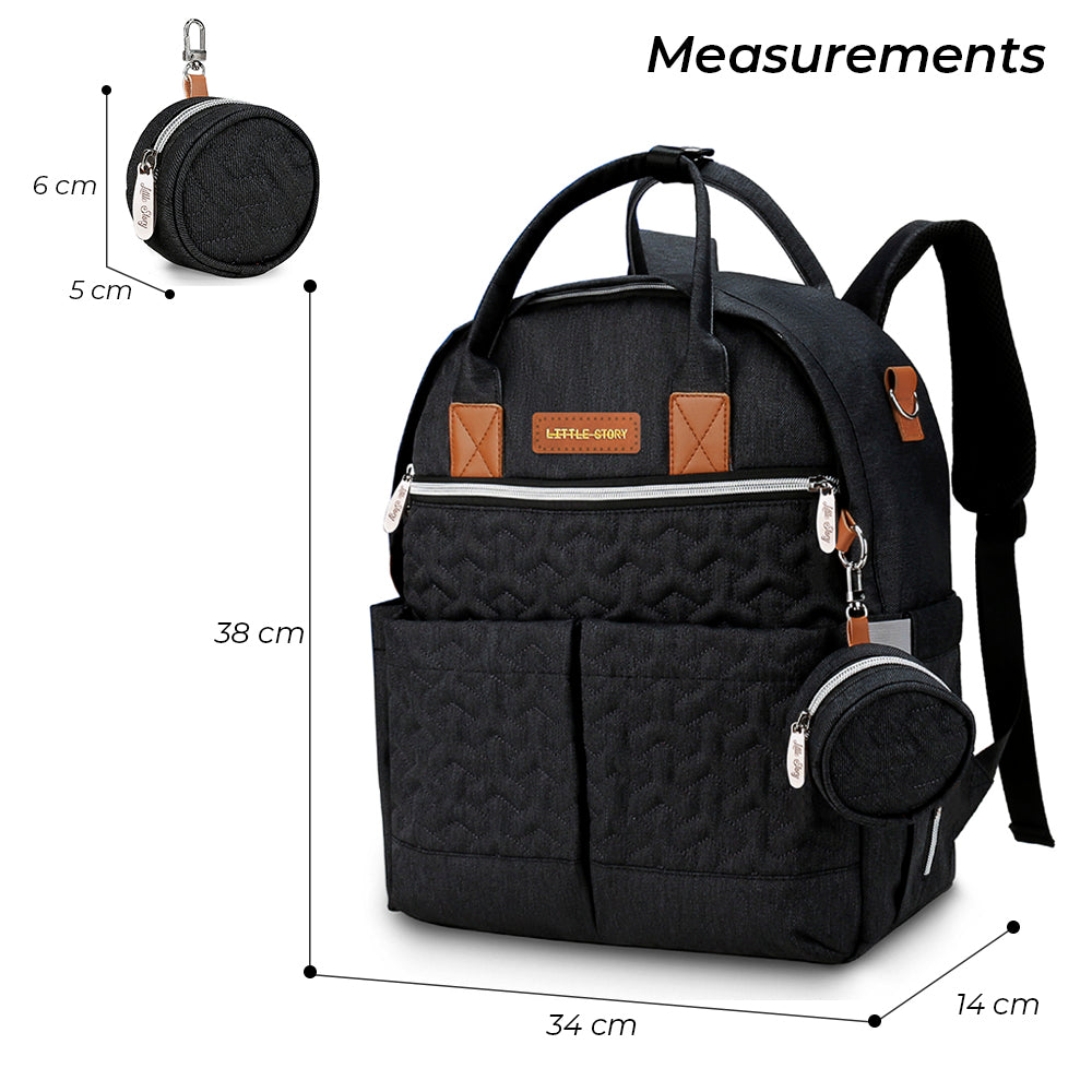 LITTLE STORY Quilted Diaper Backpack w/Pacifier bag and Stroller hooks - Black