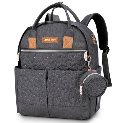 LITTLE STORY Quilted Diaper Backpack w/Pacifier bag and Stroller hooks - Grey
