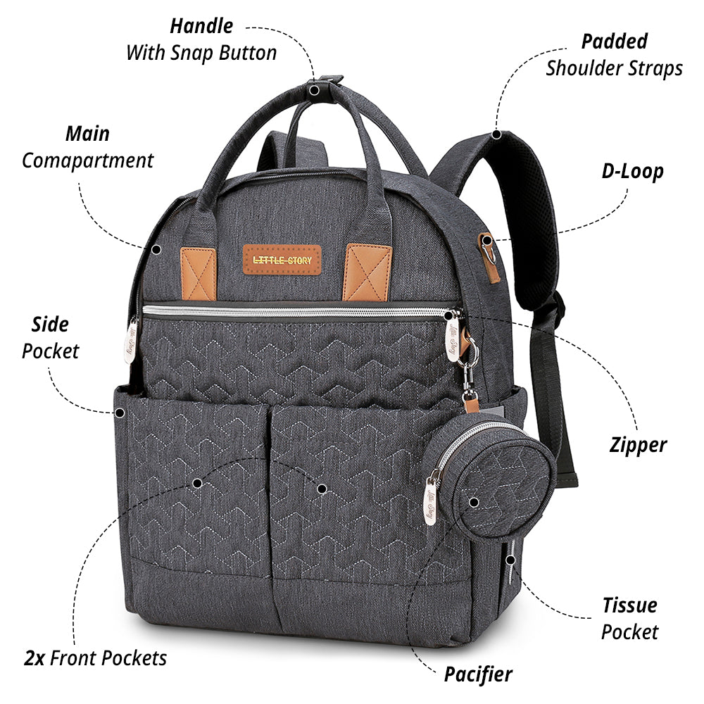LITTLE STORY Quilted Diaper Backpack w/Pacifier bag and Stroller hooks - Grey
