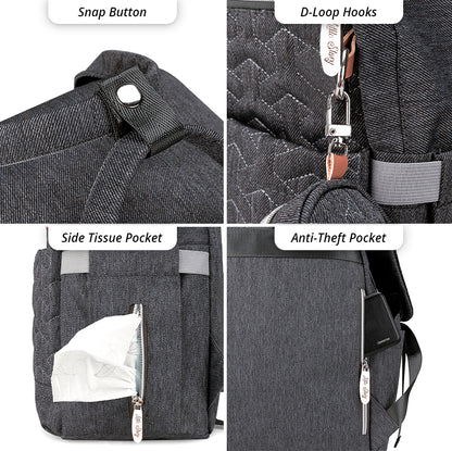 LITTLE STORY Quilted Diaper Backpack w/Pacifier bag and Stroller hooks - Grey