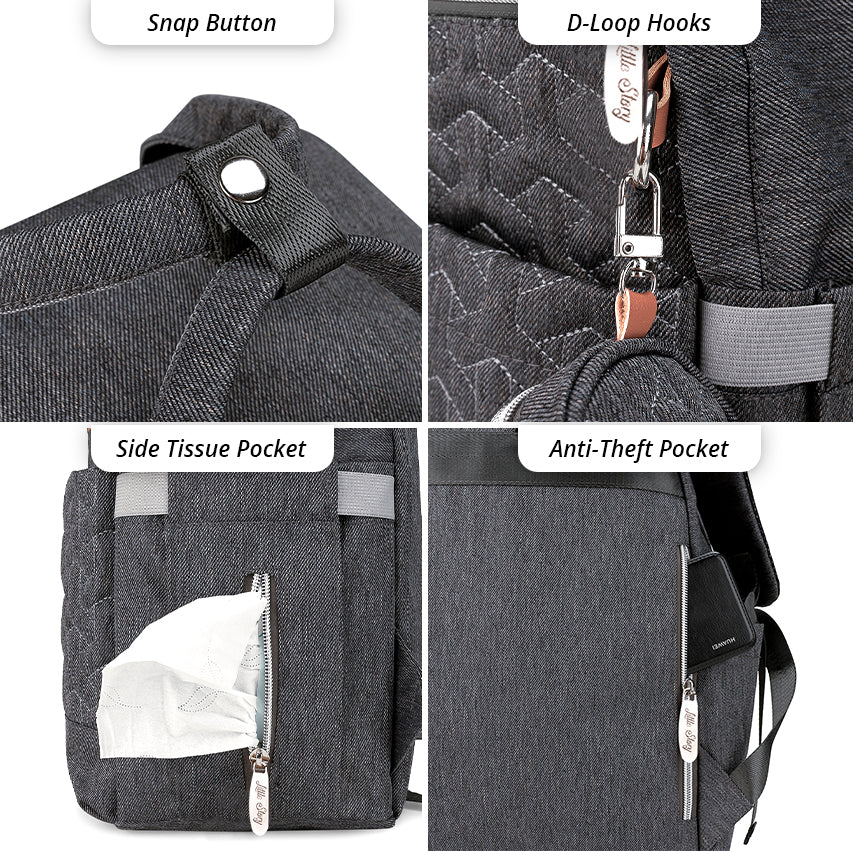 LITTLE STORY Quilted Diaper Backpack w/Pacifier bag and Stroller hooks - Grey