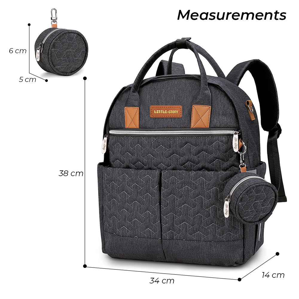 LITTLE STORY Quilted Diaper Backpack w/Pacifier bag and Stroller hooks - Grey