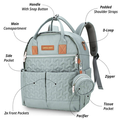 LITTLE STORY Quilted Diaper Backpack w/Pacifier bag and Stroller hooks - Wedgewood Green