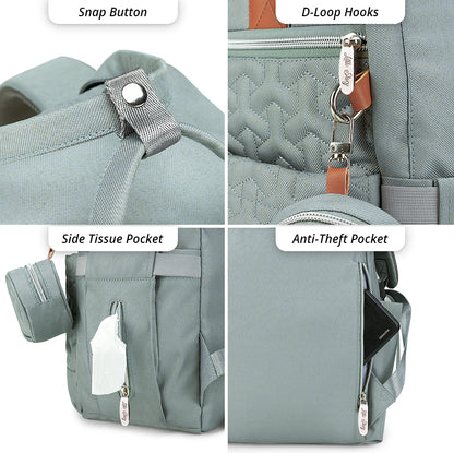 LITTLE STORY Quilted Diaper Backpack w/Pacifier bag and Stroller hooks - Wedgewood Green