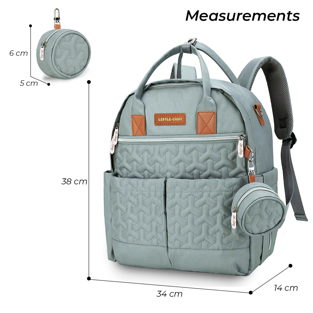 LITTLE STORY Quilted Diaper Backpack w/Pacifier bag and Stroller hooks - Wedgewood Green