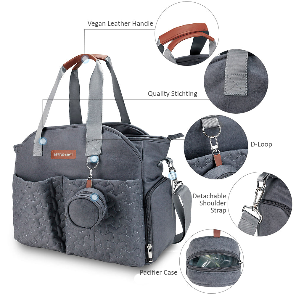 LITTLE STORY Quilted Diaper Bag w/Pacifier Pouch - Dark Grey