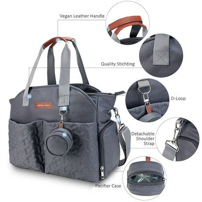 LITTLE STORY Quilted Diaper Bag w/Pacifier Pouch - Dark Grey