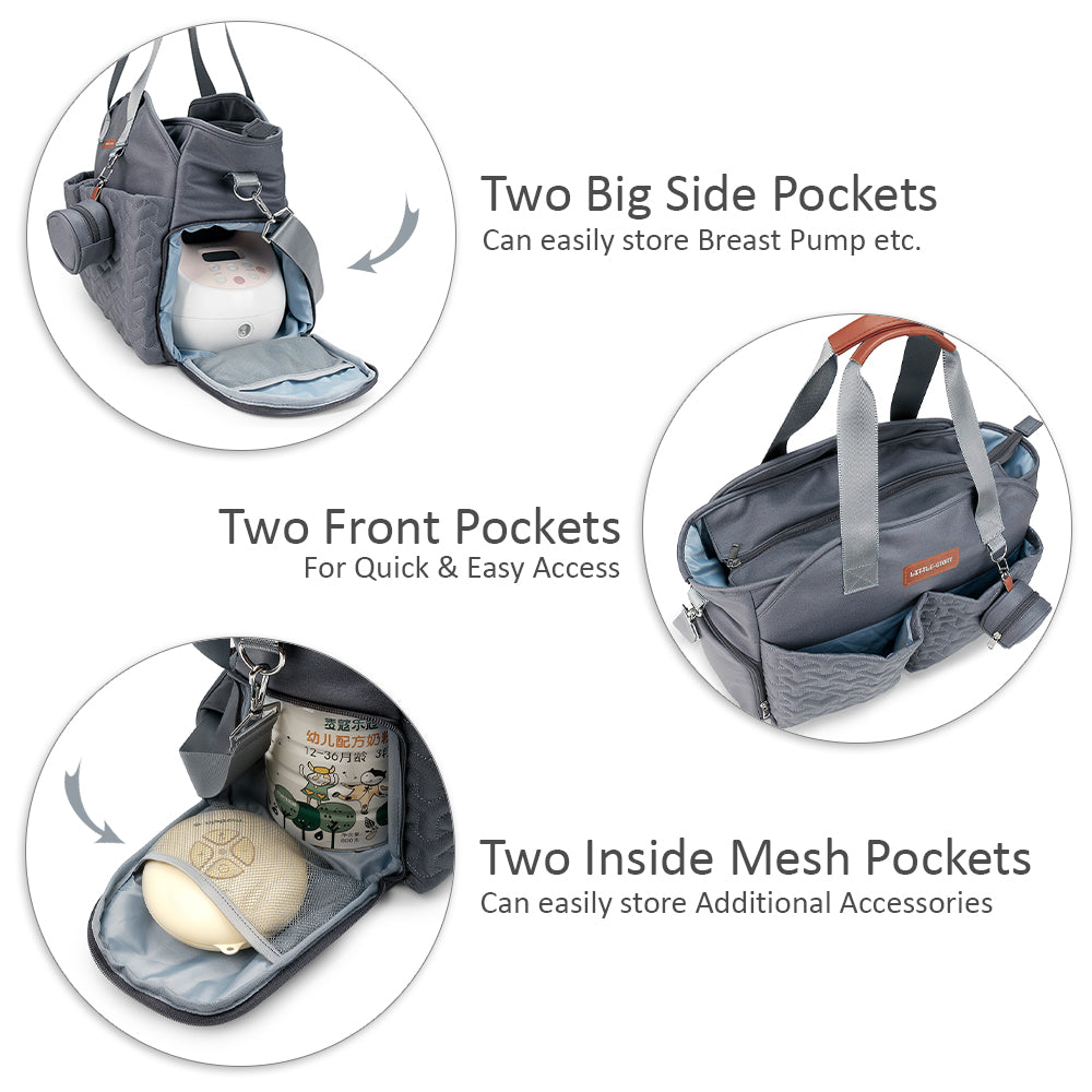 LITTLE STORY Quilted Diaper Bag w/Pacifier Pouch - Dark Grey