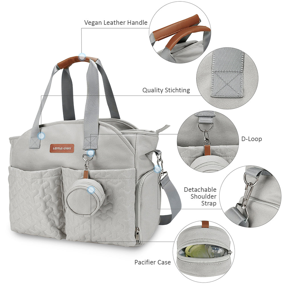 LITTLE STORY Quilted Diaper Bag w/Pacifier Pouch - Grey