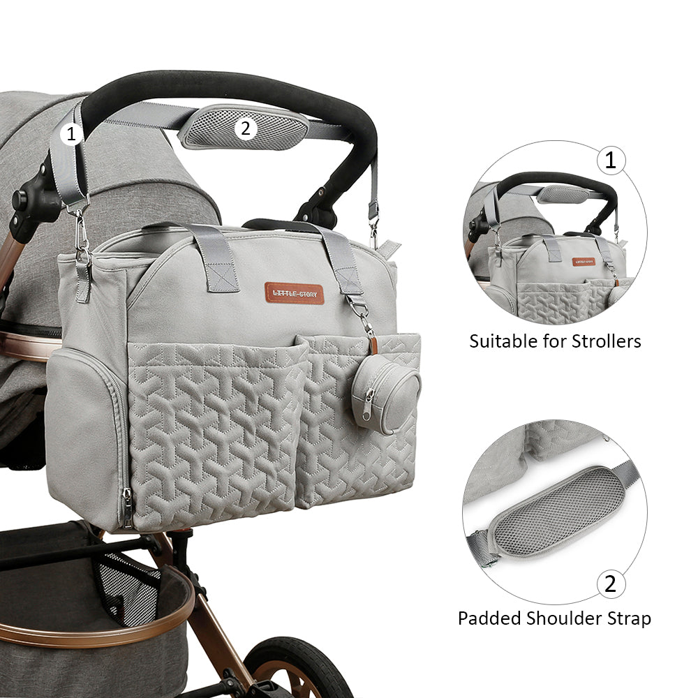 LITTLE STORY Quilted Diaper Bag w/Pacifier Pouch - Grey