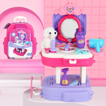 LITTLE STORY Role Play Animal Care/Pet House Toy Set School Bag (21 Pcs) - Purple, 2 - In - 1 Mode