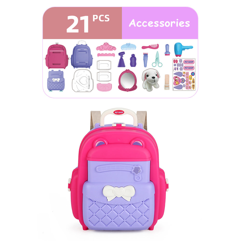 LITTLE STORY Role Play Animal Care/Pet House Toy Set School Bag (21 Pcs) - Purple, 2 - In - 1 Mode