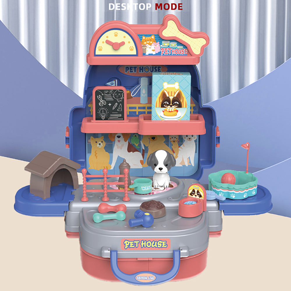 LITTLE STORY Role Play Animal Care/Pet House Toy Set School Bag (26 Pcs) - Blue, 3 - In - 1 Mode